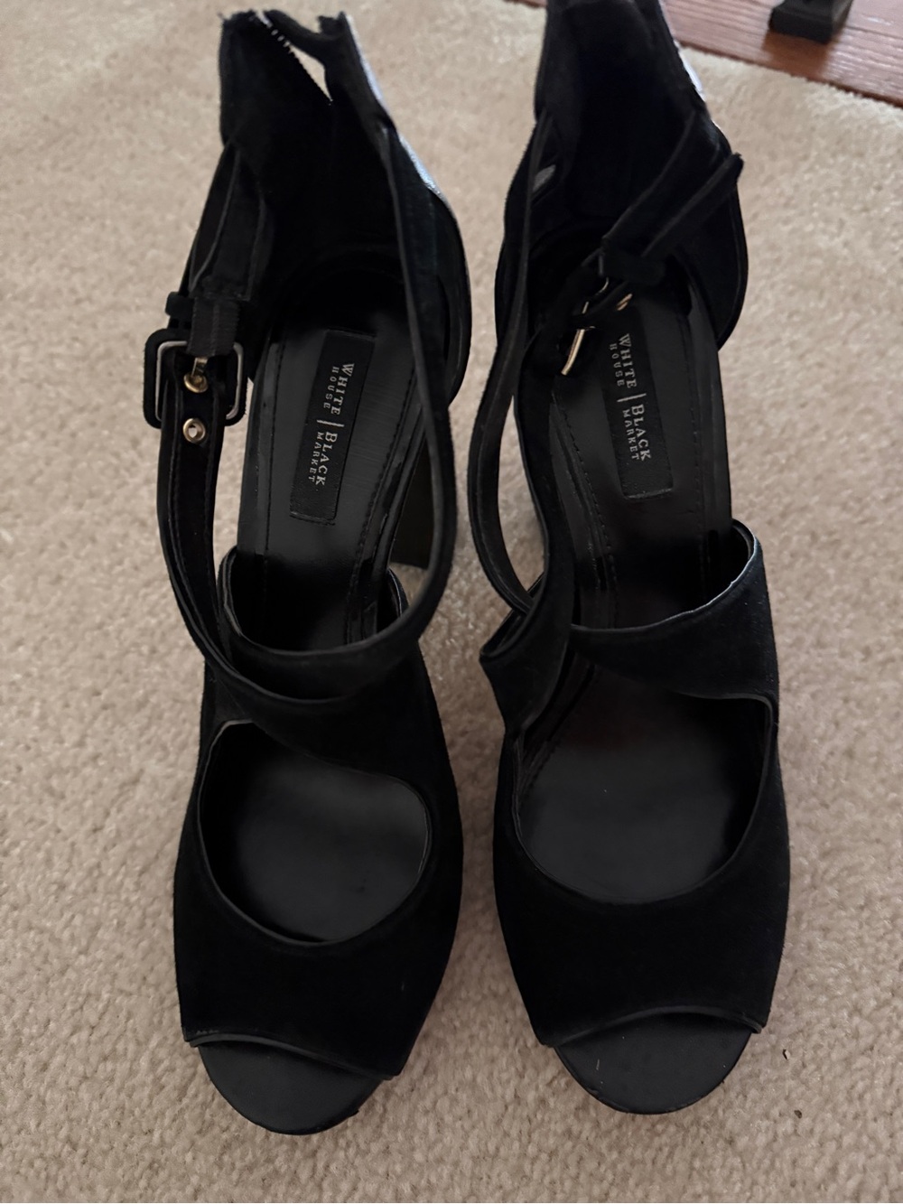 White House Black Market Black Suede Peep-Toe Ankle Strap Heels
